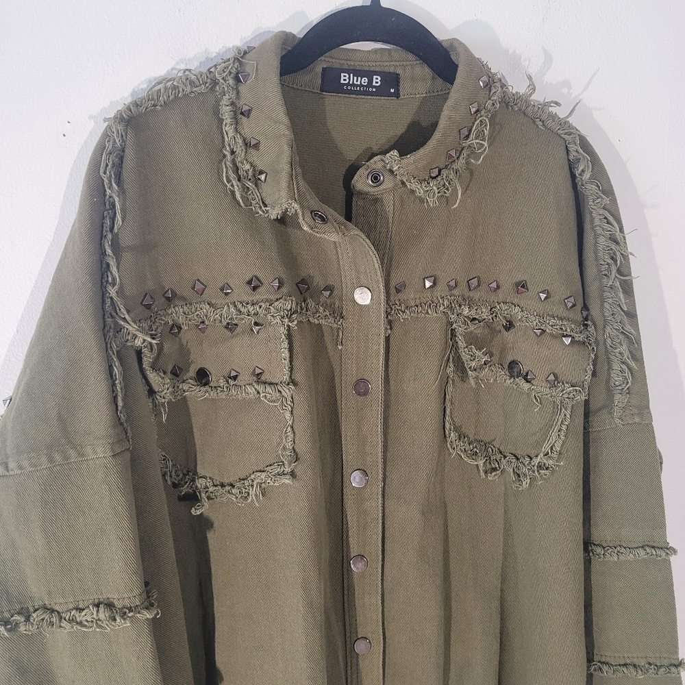 Blue B Collection Studded Army Green Jacket Midweight Cotton Military Distressed - Picture 3 of 11
